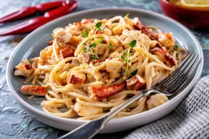 A dish with lobster linguine on the table with a fork.