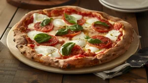 A classic margherita pizza with basil leaves.