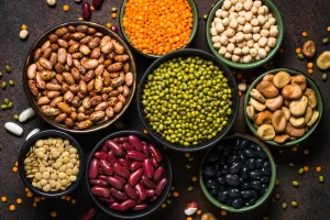 Wide selection of different vegan-friendly, plant-based proteins in bowls.