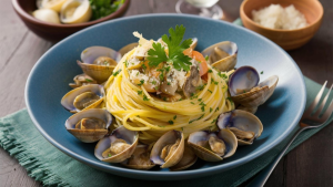 A blue bowl of spaghetti alle vongole on a blue cloth with a fork.